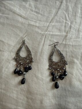 Bohemian Silver-Tone Teardrop Earrings with Black Beads